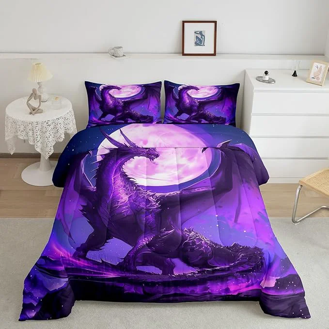 Next-Generation Purple Dragon Comforter Set King Size 3D Moon Starry Sky Glitter Bedding Set for Kids Boys Girls Room Decor Flying al Dragon Trippy Duvet Insert 3Pcs Wild Animal Print Quilt Set 2 Pillowcases Original