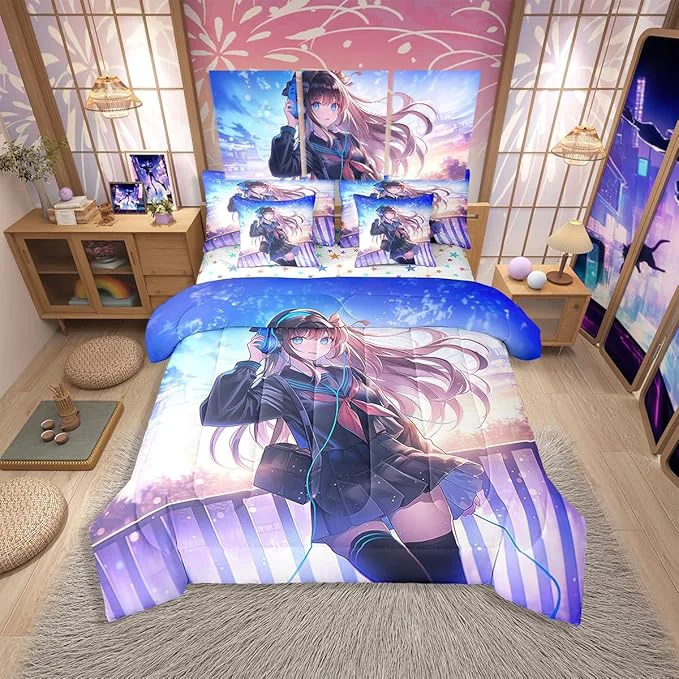 Official Erosebridal Anime Girl Comforter Set Queen Size 7 Piece Japanese Anime Bedding Set with Sheet Set for Kids Boys Teens Bedroom Decor Cartoon Girl Bed in A Bag Kawaii Japanese Animation Decor Healthy