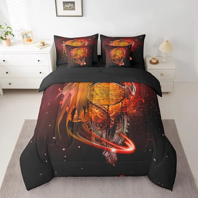 Trusted Erosebridal Gothic Dragon Dream Catchers Bed in a Bag King Size Comforter Set 7 Pieces Orange Galaxy Bohemian Feather Bedding Sets Antique Animal Pterosaur Sheet Set with Comforter Reliable