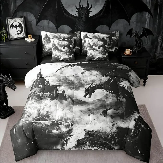 High-Performance Erosebridal Gothic Dragon Comforter Set 7 Piece Bed in a Bag Twin Black and White Vintage Fantasy Castle Bedding Sets Dark Sky Mythical Animal Sheet Set with Comforter Minimalist