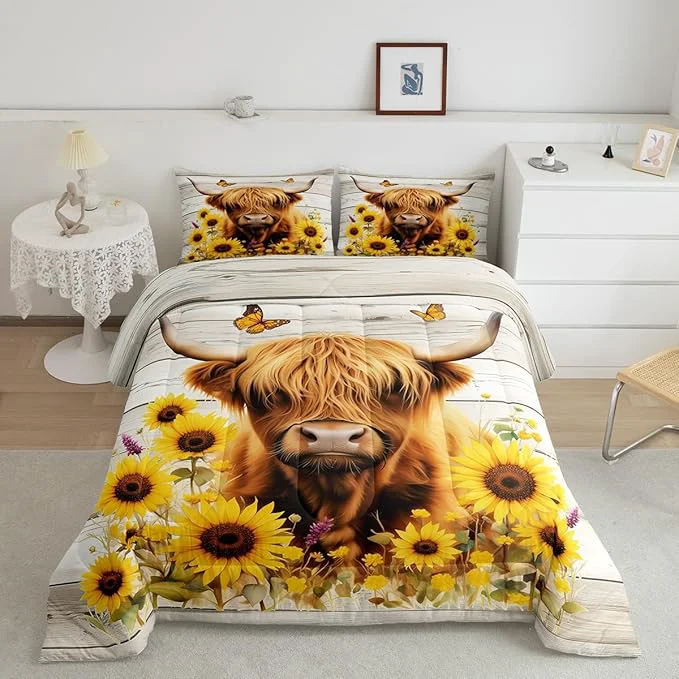 Original Feelyou Highland Cow Comforter Set Full Size Highland Cattle Comforter for Boys Girls Teens Animal Bedding Set Wildlife Duvet Set Room Decor Yellow Beige Quilt Set Efficient
