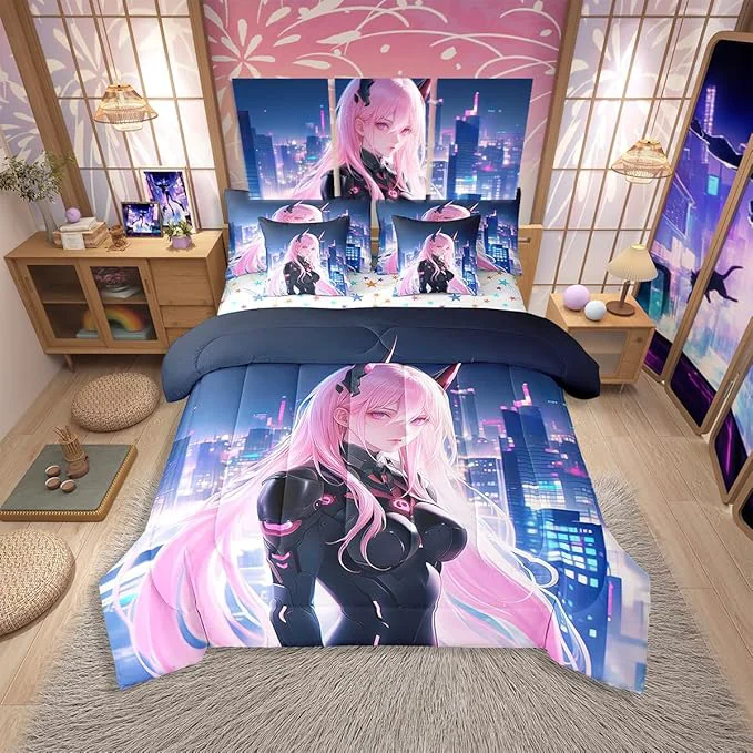 Prestigious Erosebridal Japanese Anime Bed in A Bag with Sheets Twin Anime Girl Comforter Set 7 Piece Kawaii Japanese Style Bedding Set Cartoon Japan Animation Bed Set for Boys Teens Adult Women Bedroom Specialty
