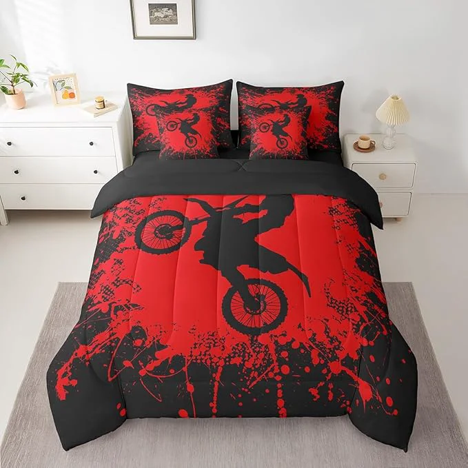 Enhanced Erosebridal Motocross Comforter Set 7 Piece Bed in a Bag Twin Motorcycle Dirt Bike Bedding Sets Motorbike Race Car Sheet Set with Comforter Reusable
