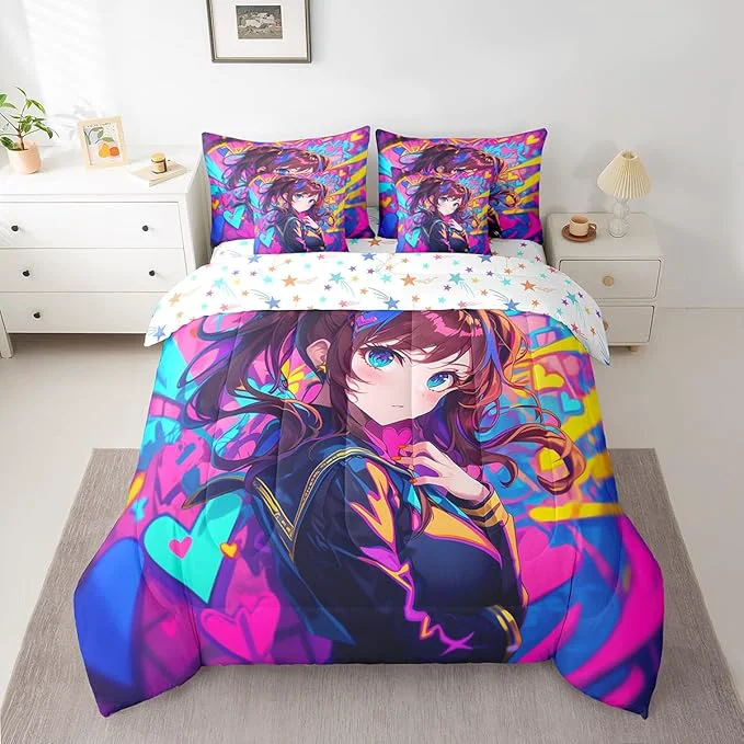 High-Grade Erosebridal Anime Girl King Comforter Set 7 Piece Japanese Anime Bedding Set for Kids Girls Teens Adult Bedroom Cartoon Girl Bed in A Bag Kawaii Japanese Animation Sheet Set Purple Traditional