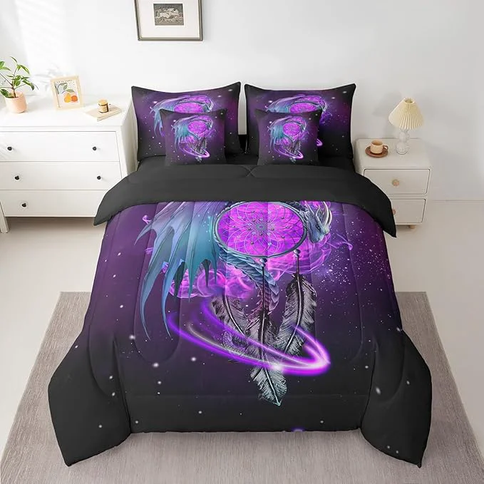 Professional Erosebridal Gothic Dragon Dream Catchers 7 Piece Comforter Set Full Bed in a Bag Purple Galaxy Bohemian Feather Bedding Sets Antique Animal Pterosaur Sheet Set with Comforter Elegant