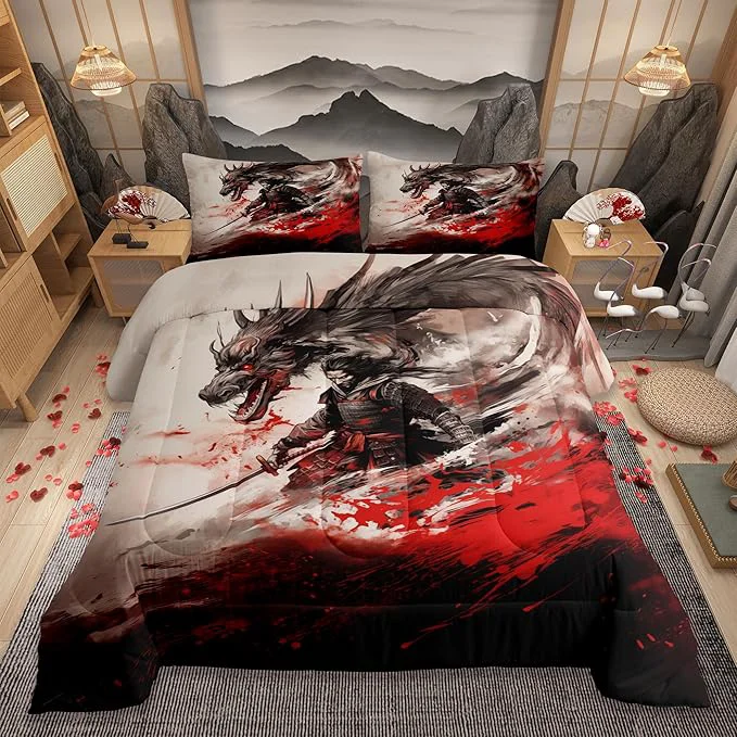 Clean Japanese Samurai Comforter Set Full Size Black Red White Ink Style Duvet Insert 3Pcs Dragon Sword Traditional Pattern Bedding Set for Kids Boys Girls Room Decor Luxury Soft Quilt Set 2 Pillowcases Original