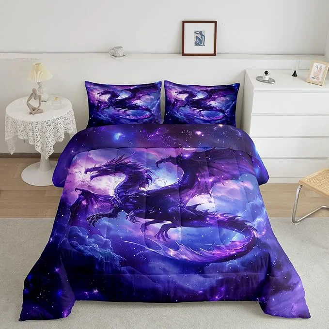 High-Performance Dragon Comforter Set Full Size al Animals Bedding Set 3Pcs Kids Girls Boys Teens Home Decor Outer Space Starry Sky Quilt Set Purple Western Wildlife Theme Duvet Insert 2 Pillowcases Durable