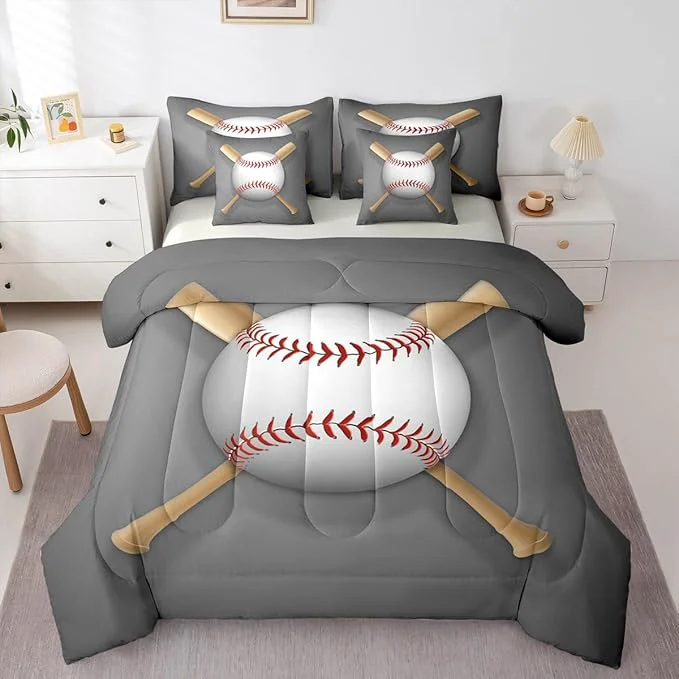 Excellent Erosebridal Baseball Bat 7 Piece Comforter Set Full Bed in a Bag Sports Ball Bedding Sets Ball Game Sheet Set with Comforter Smooth