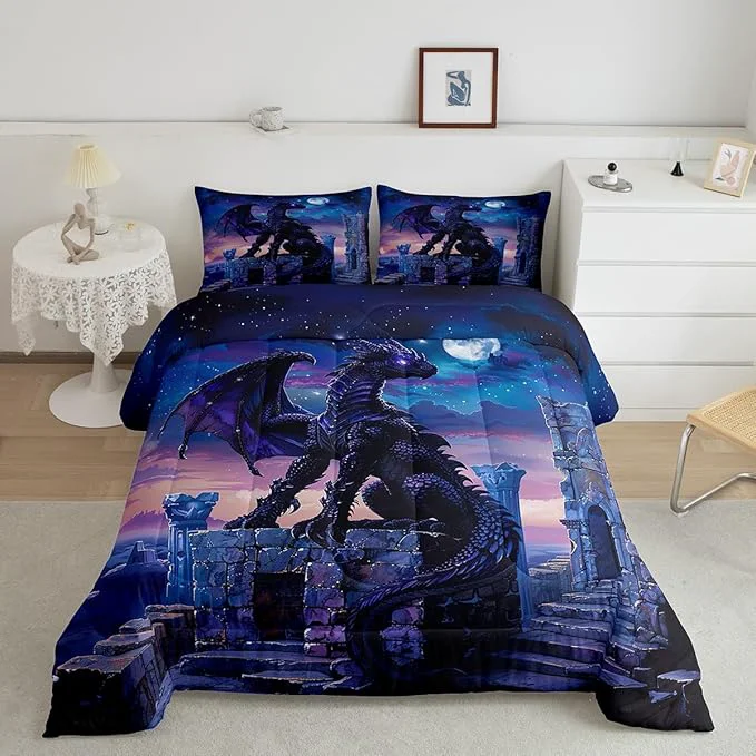 Functional Feelyou Dragon Comforter Set King Size Moon Light Dragon Comforter for Boys Girls Teens Gothic Bedding Set Wildlife Duvet Set Room Decor Acid Blue Quilt Set Solid