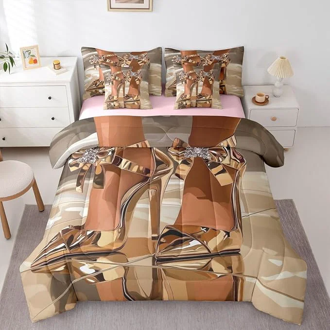 User-Friendly Erosebridal High-Heels Girlish Girls 7 Piece Bedding Set Full Size Romantic Fashion Comforter Sets Fashionable Gorgeous Sheet Set for Kids Children Women Bedroom Modern Minimalist Gold Bed in A Bag Breathable