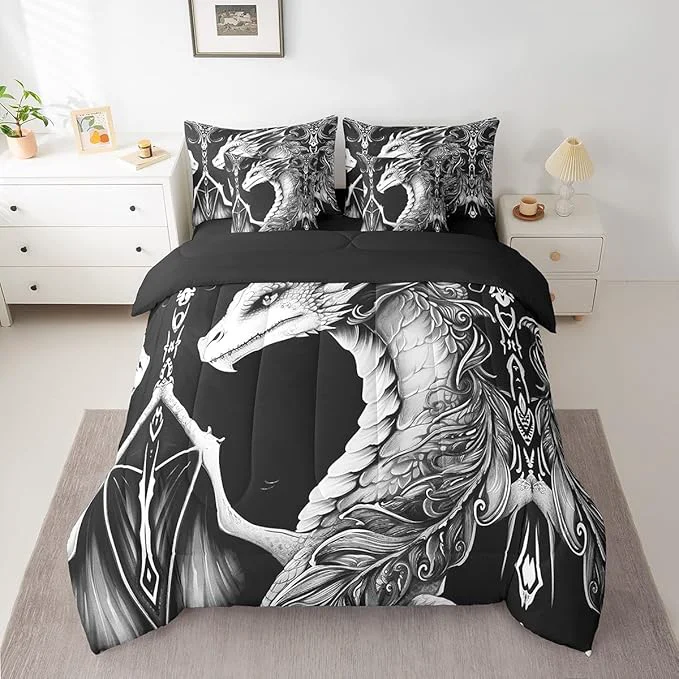 Fine Crafted Erosebridal 3D Dragon Comforter Set 7 Piece Bed in a Bag Twin Vintage Gothic Black and White Dragon Bedding Sets Antique Wildlife Mythical Animal Sheet Set with Comforter Secure