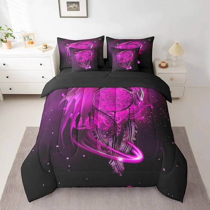 Enhanced Erosebridal Gothic Dragon Dream Catchers 7 Piece Comforter Set Full Bed in a Bag Peach Fuchsia Galaxy Bohemian Feather Bedding Sets Antique Animal Pterosaur Sheet Set with Comforter Stylish
