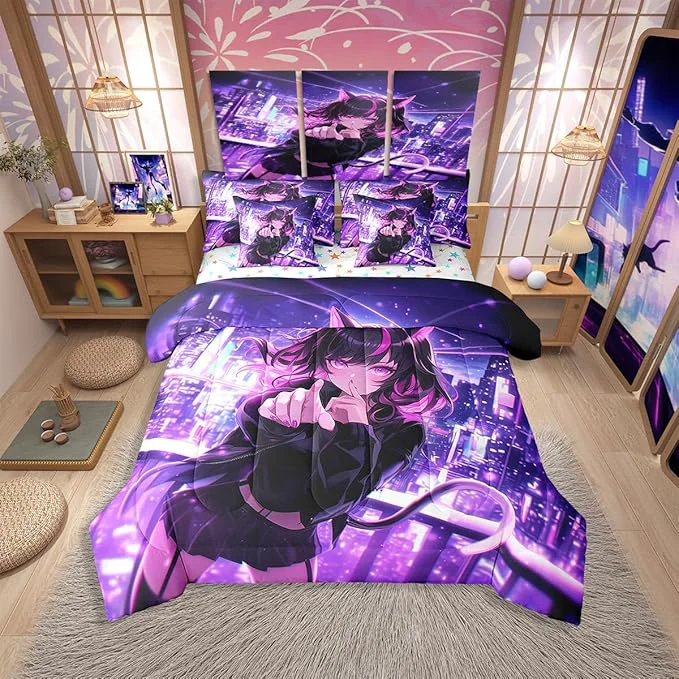 Green Erosebridal Kids Anime Girl Twin Comforter Set 7 Piece Japanese Anime Bed in A Bag Cartoon Girl Bedding Comforter Sets for Boys Teens Bedroom Decor Kawaii Japanese Animation Bed Set Easy-to-Use