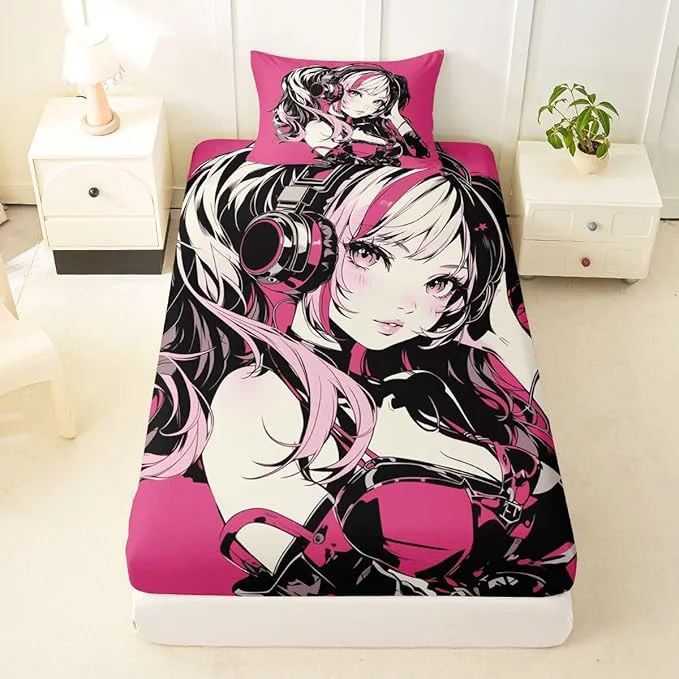 Effective Pink Anime Girls Bedding Set Cartoon Japanes-Style Fitted Sheet Twin Graffiti Street Culture Bed Sheets for Kids Teens Youth Watercolor Hippie Style Sheets 2Pcs No Top Sheet Convenient