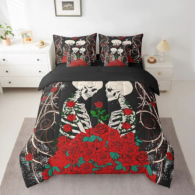 Responsible Erosebridal Sugar Skull Bed in a Bag King Size Comforter Set 7 Pieces Gothic Bone Skeleton Halloween Decorations Bedding Sets Red Rose Sheet Set with Comforter Convenient
