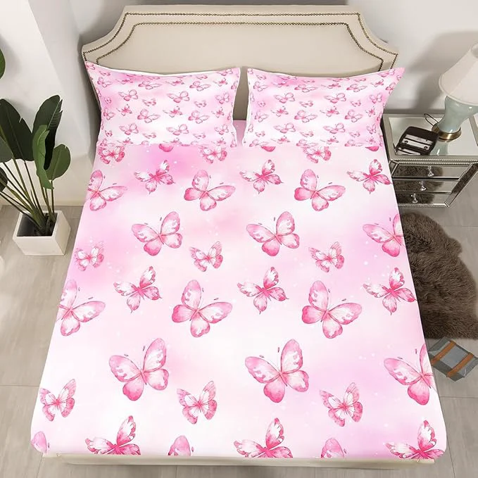 Stylish Erosebridal Pink Butterfly Twin Bed Sheets 3D Pink Dreamy Butterfly Fitted Sheet Colorful Ink Stick Printing Kids Bedding Sets All Season Microfiber Sheets with 1 Pillowcase Next-Generation