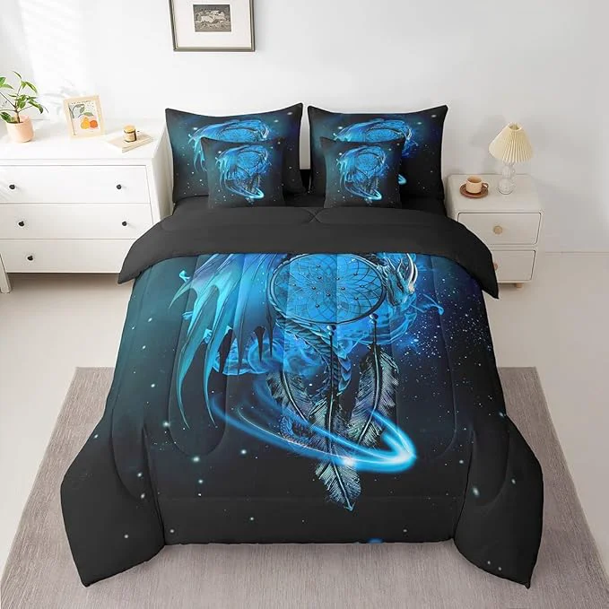 Smart Erosebridal Gothic Dragon Dream Catchers Comforter Set 7 Piece Bed in a Bag Twin Blue Galaxy Bohemian Feather Bedding Sets Antique Animal Pterosaur Sheet Set with Comforter Consistent