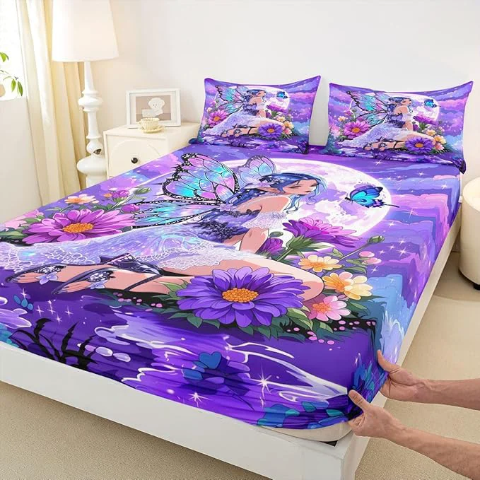 Consistent Erosebridal Fairy Girl Fitted Sheet Queen Flower Fairytale Bed Sheets for Boys Girls Blue Butterfly Floral Decor Bed Set Purple Galaxy Moon Sheets with 2 Pillowcases Casual
