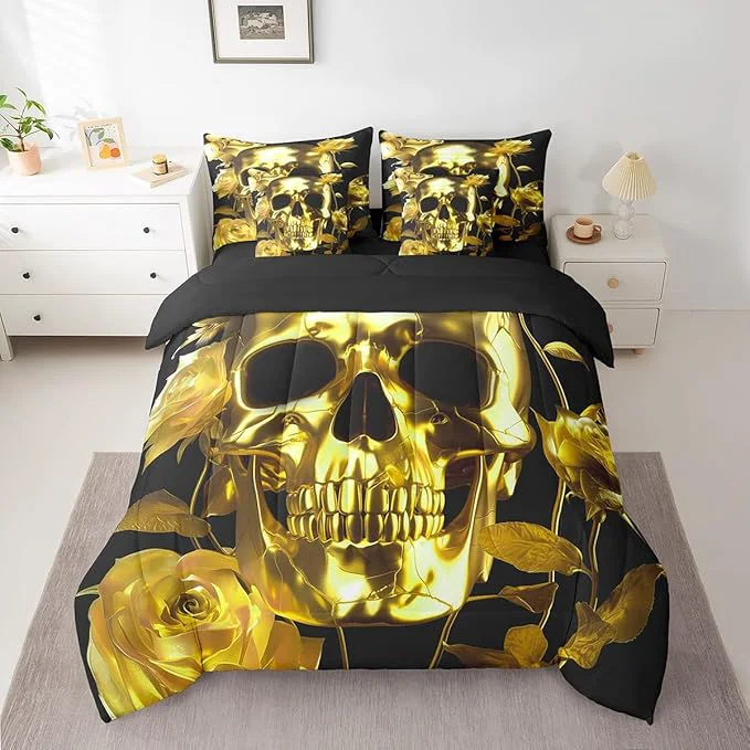 Convenient Erosebridal Gold Sugar Skull 7 Piece Comforter Set Full Bed in a Bag Gothic Skeleton Bedding Sets Rose Flowers Sheet Set with Comforter Trusted