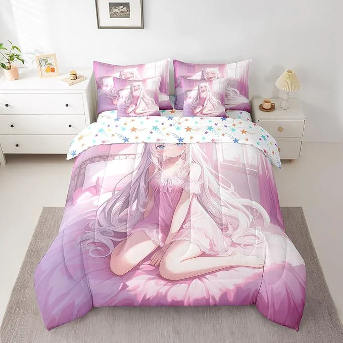 Premium Material Erosebridal Queen Size Japanese Anime 7 Piece Comforter Set Anime Girl Bedding Set Kawaii Japanese Style Bed in A Bag Cartoon Japan Animation Sheet Set for Boys Teen Adult Women Bedroom Pink Next-Generation