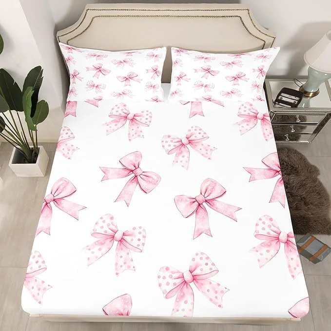 Relaxed Erosebridal Pink Bow Fitted Sheet Full Coquette Bowknot Bed Sheets for Boys Girls Princess Girls Ribbon Bowtie Bed Set Watercolor Cute Sheets with 2 Pillowcases Solid