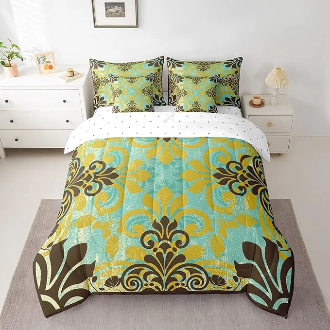 Sophisticated Erosebridal Bohemian Damask 7 Piece Comforter Set Full Bed in a Bag Exotic Flowers Bedding Sets Antique Victorian Gothic Vintage Floral Sheet Set with Comforter Breathable
