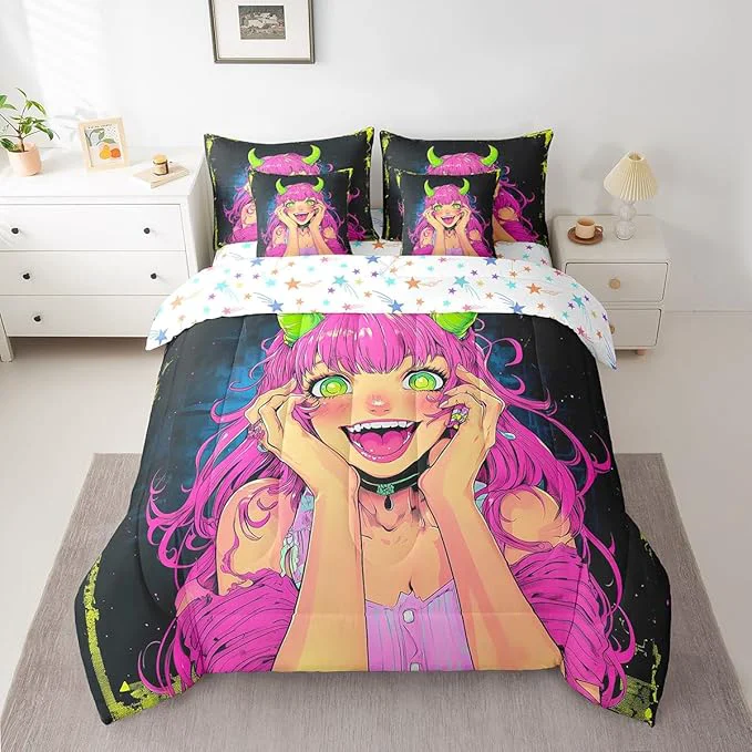 Prestigious Erosebridal Anime Girl Bedding Set King Size 7 Piece Bed in A Bag Japanese Anime Comforter Set for Kids Boys Teens Bedroom Decor Cartoon Girl Sheet Set Kawaii Japanese Animation Bed Set Advanced
