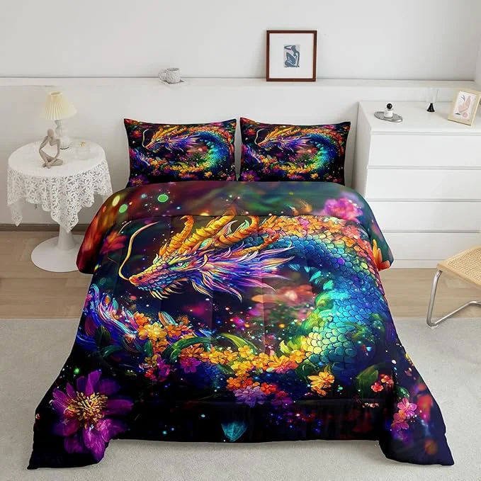 Casual Feelyou Dragon Comforter Set Twin Size Flower Dragon Comforter for Boys Girls Teens Wild Life Bedding Set Dragon Decor Duvet Set Room Decor Clorful Quilt Set High-Performance