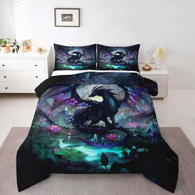 Superior Feelyou Dragon Comforter Set Twin Size Dragon Stuff Bedding Set for Kids Boys Girls Wild Life Duvet Quilt Wildlife Bedroom Decor Black Purplish 2 Pcs with 1 Pillow Cases Comfortable
