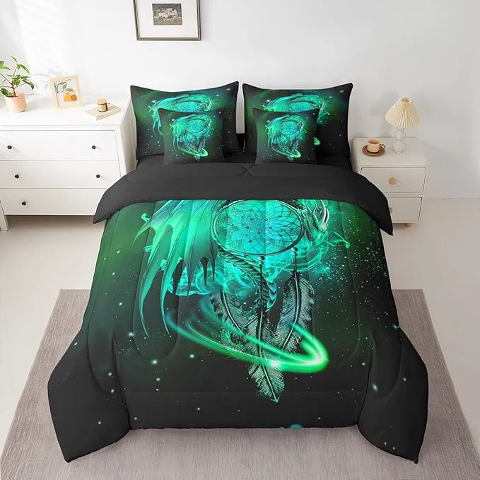 Outstanding Erosebridal Gothic Dragon Dream Catchers Bed in a Bag King Size Comforter Set 7 Pieces Light Green Galaxy Bohemian Feather Bedding Sets Antique Animal Pterosaur Sheet Set with Comforter Recyclable