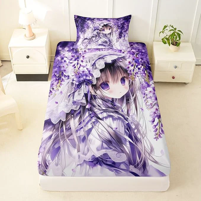 Dependable Erosebridal Lilac Flower Girl Fitted Sheet for Boys Girls Kids Purple Spring Floral Twin Bed Sheets Anime Girl Sheets Cartoon Anime Gift Bedding Sets No Top Sheet Modern