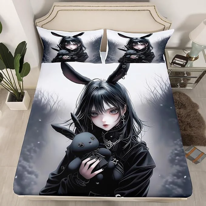 Casual Anime Bed Sheets 3D Japanese Girl Fitted Sheet Twin Anime Gifts Sheets for Girls Gothic Cartoon Rabbit Print Bed Set for Room Decor Dependable
