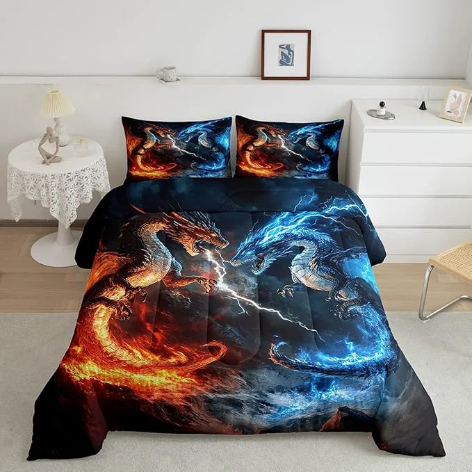 Casual Feelyou Dragon Comforter Set Twin Size Dragon Stuff Comforter for Boys Girls Teens Wild Life Bedding Set Thunder and Lightning Duvet Set Room Decor Blue Orange Quilt Set User-Friendly
