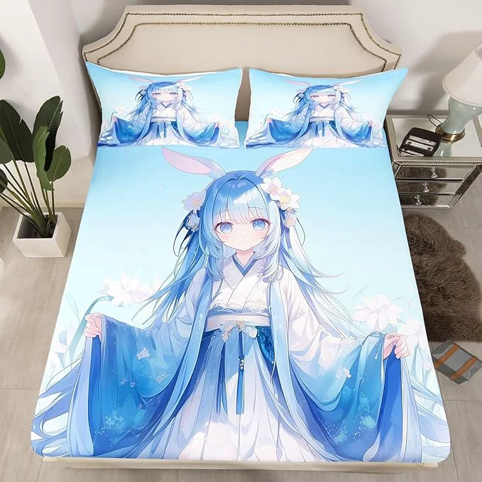 Professional Erosebridal Traditional Japanese Fitted Sheet Kawaii Decor Anime Girl Sheets Blue Butterfly Decor Twin Bed Set 1 Fitted Sheet 1 Pillowcase Convenient