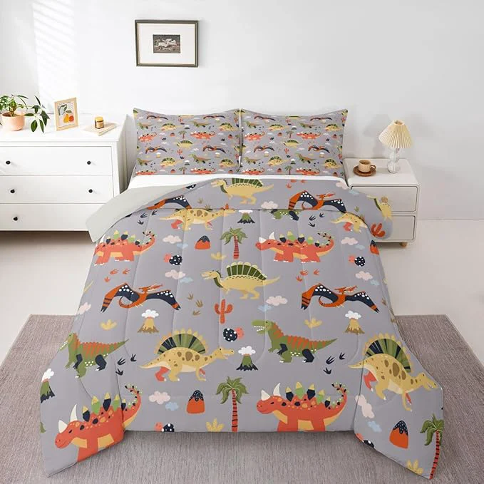 Powerful Feelyou Cartoon Dinosaur Comforter Set All Season Cute Bedding Set with 2 Pillow Cases Jungle Dino Kids Queen Bedclothes Wild Animal Bedroom Decor Gray Duvet Quilt Breathable Soft Genuine