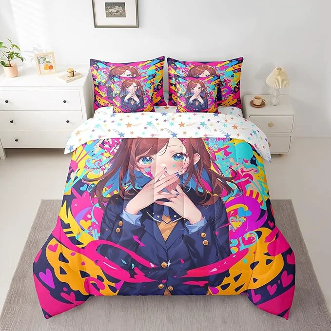 Refined Erosebridal Anime Girl Queen Bedding Set 7 Piece Japanese Anime Comforter Set for Kids Girls Teens Adult Bedroom Cartoon Girl Comforter Sets with Sheet Kawaii Japanese Animation Bed in A Bag Environmentally Friendly