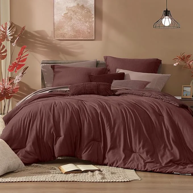 Natural Monbix Queen Comforter Set - 7 Pieces Cationic Dyeing Dark Red Bed in a Bag Queen Bedding Sets with Comforter Sheets Pillowcases amp Shams Reversible Bedding Comforters Sets Flexible