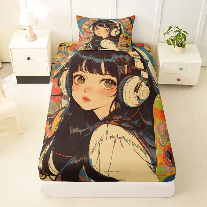 Environmentally Friendly Erosebridal 2Pcs Anime Bedding Set Fashion Street Girls Fitted Sheet 3D Cartoon Printed Comfortable Soft Bed Sheets for Kids Boys Girls Teens Tattoo Watercolor Art Japanese Style Sheets Twin Size Original Design