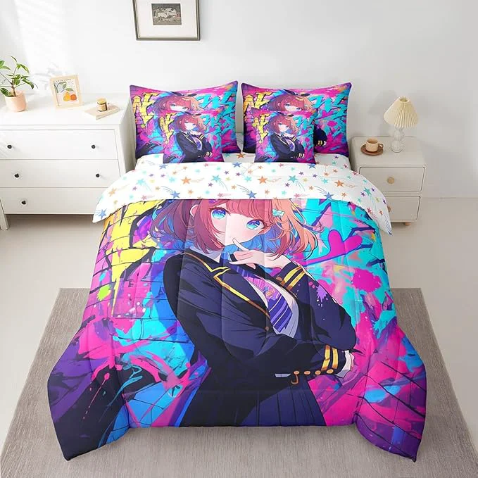 Official Erosebridal 7 Piece Girls Japanese Anime Comforter Set King Kawaii Anime Girl Bedding Sets Cartoon Girl Sheet Set for Kids Teens Adult Room Decor Japanese Animation Sci Fi Style Bed in A Bag Green
