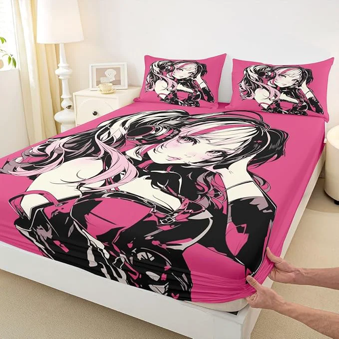 Expertly Made Pink Anime Girls Bedding Set Cartoon Japanes-Style Fitted Sheet Queen Graffiti Street Culture Bed Sheets for Kids Teens Youth Watercolor Hippie Style Sheets 3Pcs No Top Sheet Innovative