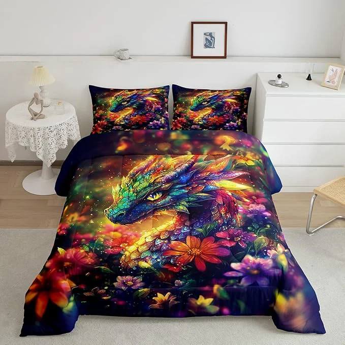 High-Performance Feelyou Dragon Comforter Set Twin Size Shiny Dragon Comforter for Boys Girls Teens Wild Life Bedding Set Dragon Decor Duvet Set Room Decor Muticolor Quilt Set Flexible
