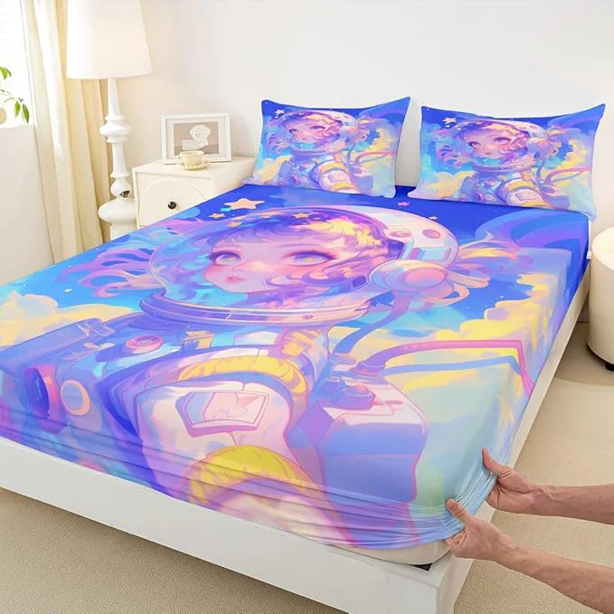 Luxury Erosebridal Watercolor Anime Girl Bedding Set 3D Anime Fitted Sheet 3Pcs Cosmo Galaxy Sci-Fi Virtual ity Sheets for Boys Girls Graffti Stars Print Bed Sheets Full No Top Sheet Contemporary
