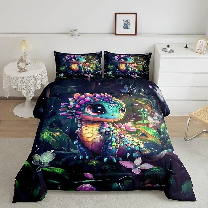 Detailed Feelyou Dragon Comforter Set Full Size Dragon Stuff Comforter for Boys Girls Teens Wild Life Bedding Set Flower and Grass Duvet Set Room Decor Balck Green Quilt Set Exclusive