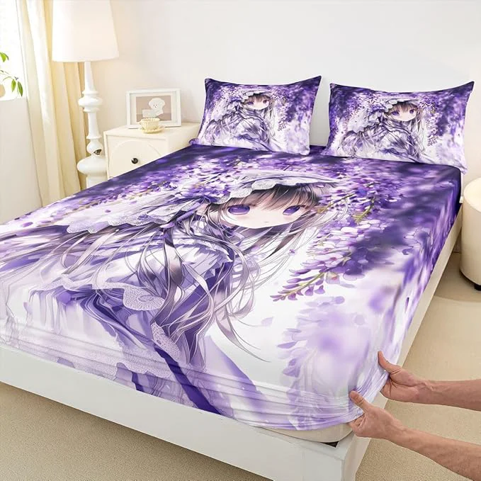 Professional Erosebridal Lilac Flower Girl Fitted Sheet for Boys Girls Kids Purple Spring Floral Queen Bed Sheets Anime Girl Sheets Cartoon Anime Gift Bedding Sets No Top Sheet Healthy
