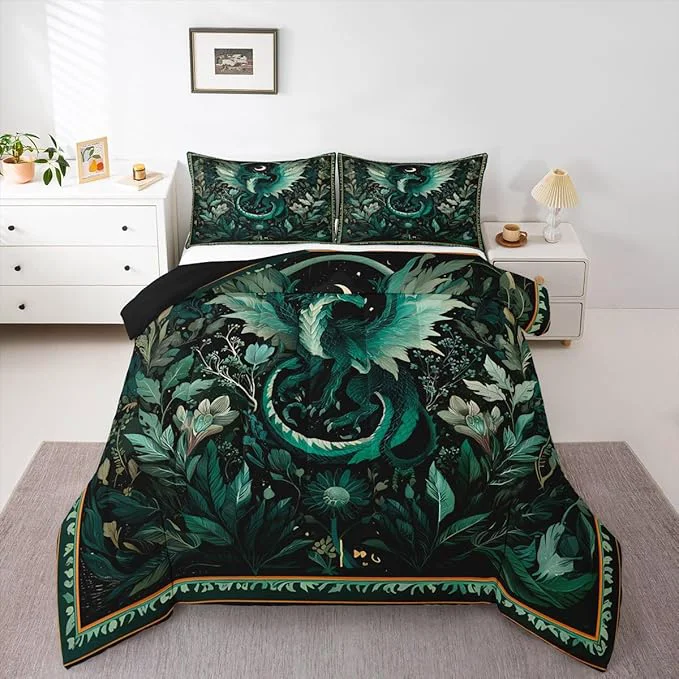 Versatile Feelyou Dragon Comforter Set All Season Dragon Stuff Bedding Set with 1 Pillow Cases Wild Life Kids Toddler Bedclothes Wildlife Bedroom Decor Greenish Duvet Quilt Breathable Soft Minimalist
