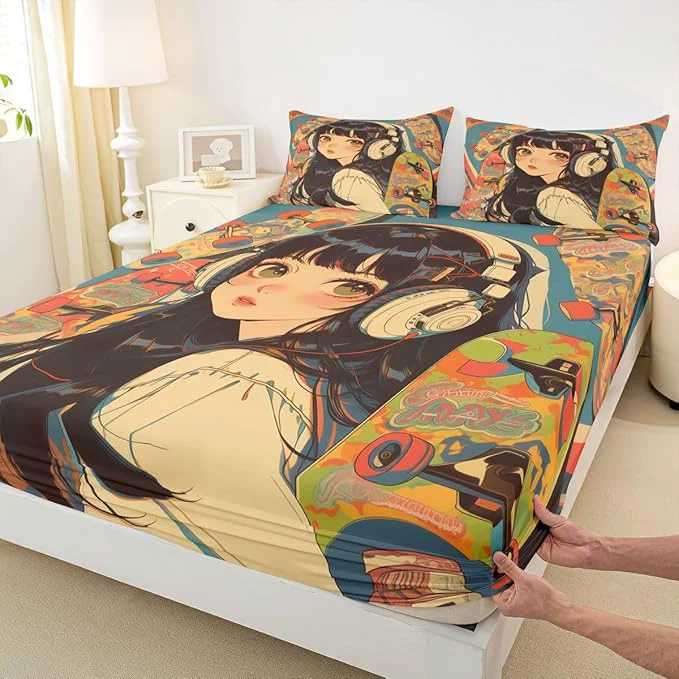 Original Erosebridal 3Pcs Anime Bedding Set Fashion Street Girls Fitted Sheet 3D Cartoon Printed Comfortable Soft Bed Sheets for Kids Boys Girls Teens Tattoo Watercolor Art Japanese Style Sheets Full Size Breathable