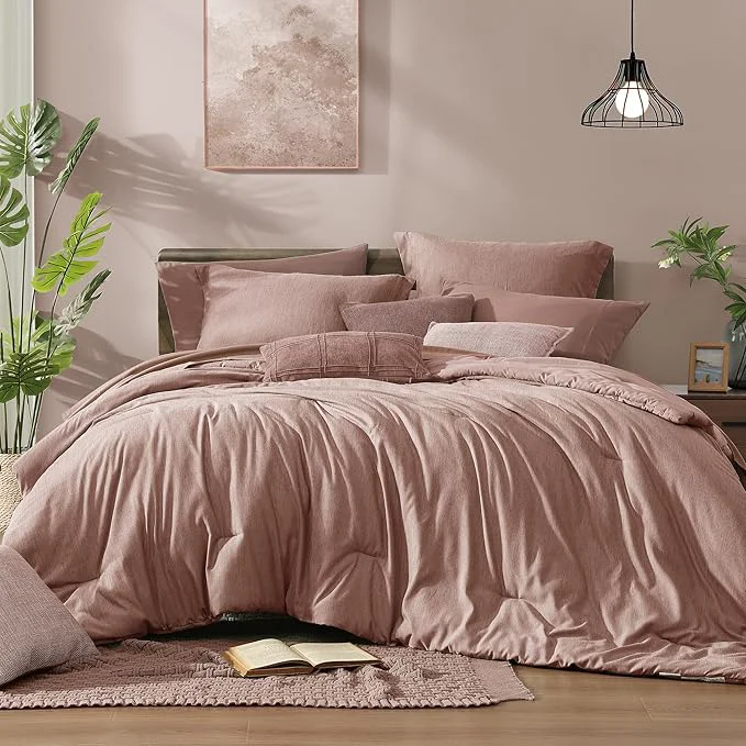 Convenient Monbix Queen Comforter Set - 7 Pieces Dusty Pink Cationic Dyeing Bed in a Bag Queen Bedding Sets with Sheets Pillowcases amp Shams Reversible Bedding Comforters Excellent