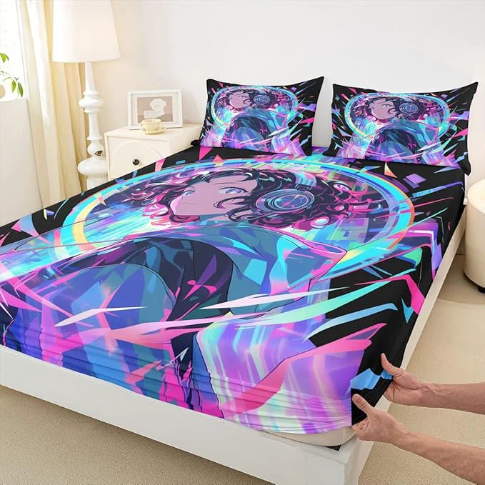 Soft 3D Anime Girl Bed Sheets American Street Culture Fitted Sheet Queen for Teens Youth Girls Watercolor Graffiti Style Bedding Set Galaxy Stars Print Sheets with 2 Pillow Cases No Flat Sheet Flexible