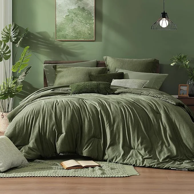 Functional Monbix Oversized Queen Comforter Set - 7 Pieces Cationic Dyeing Olive Green Bed in a Bag Bedding Sets with Comforter Sheets Pillowcases amp Shams Reversible Bedding Comforters Sets Responsible