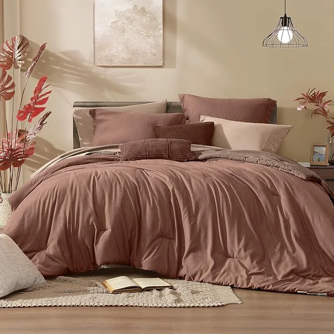 Detailed Monbix California King Comforter Set - 7 Pieces Cationic Dyeing Terracotta Bed in a Bag Cal King Bed Sets with Comforter Sheets Pillowcases amp Shams Reversible Bedding Comforters Sets Organic